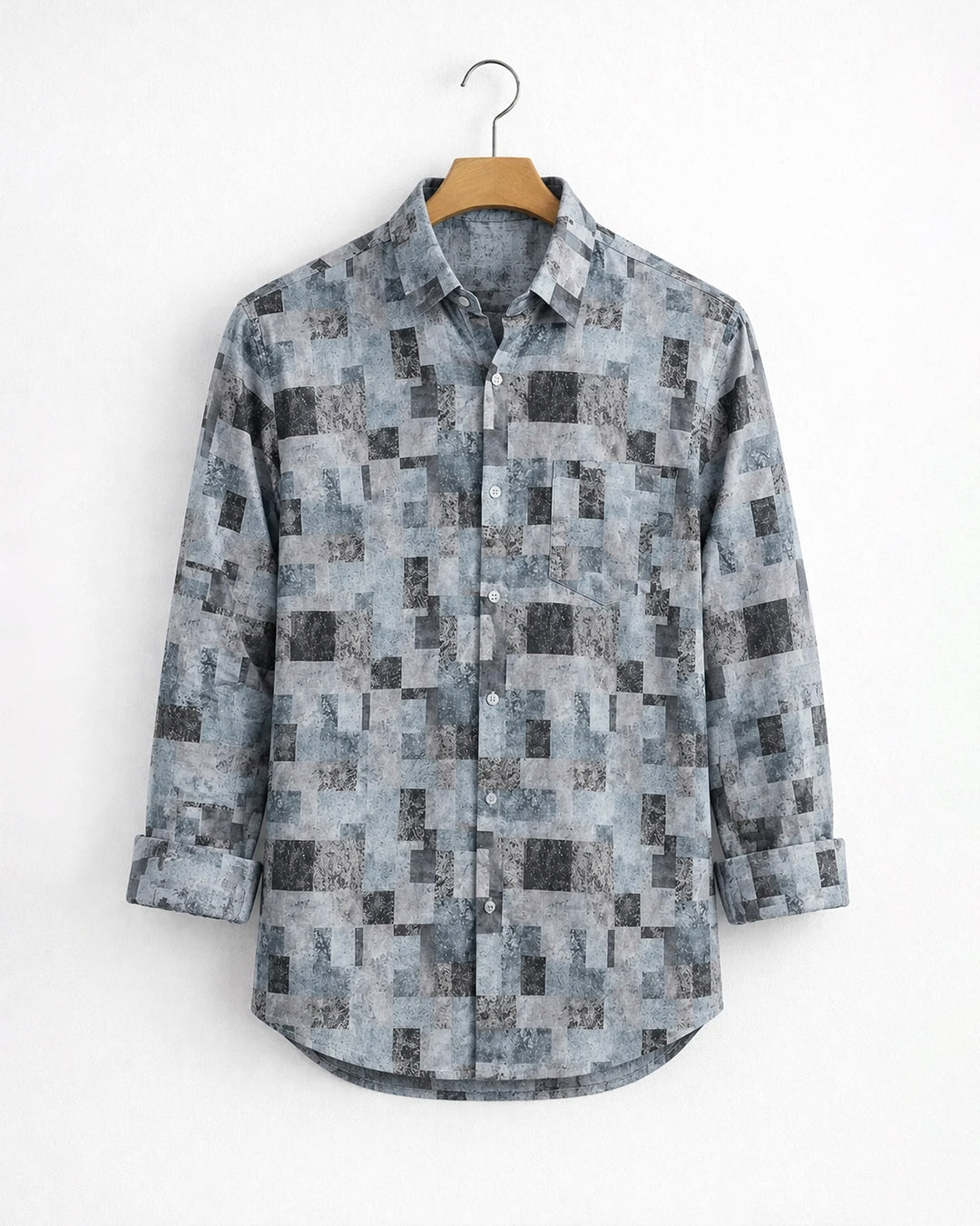 Muted Blue Ash Grey Geometric Print Shirt