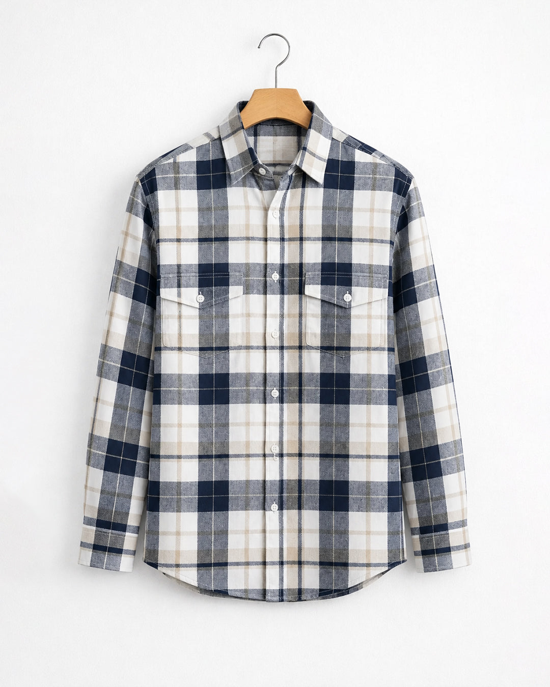 Dark Blue & White Large Check Cotton Shirt