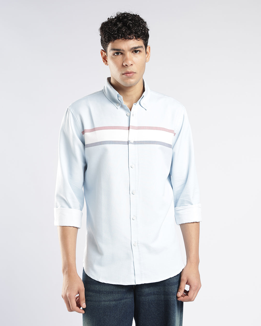 Sky Blue horizontal Stripe Button Down Shirt