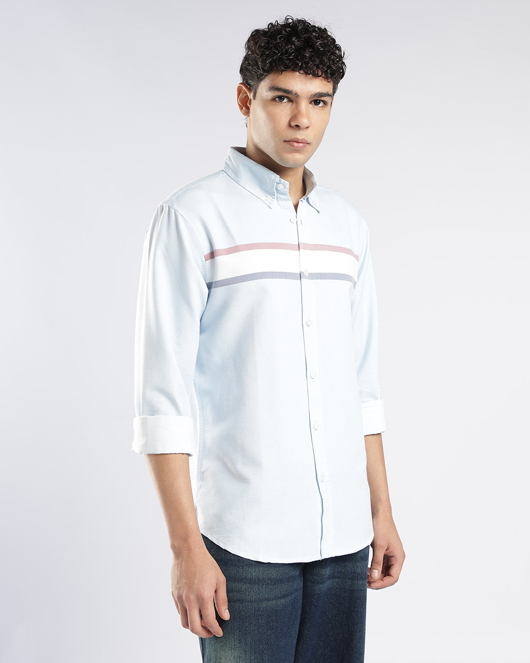 Sky Blue horizontal Stripe Button Down Shirt
