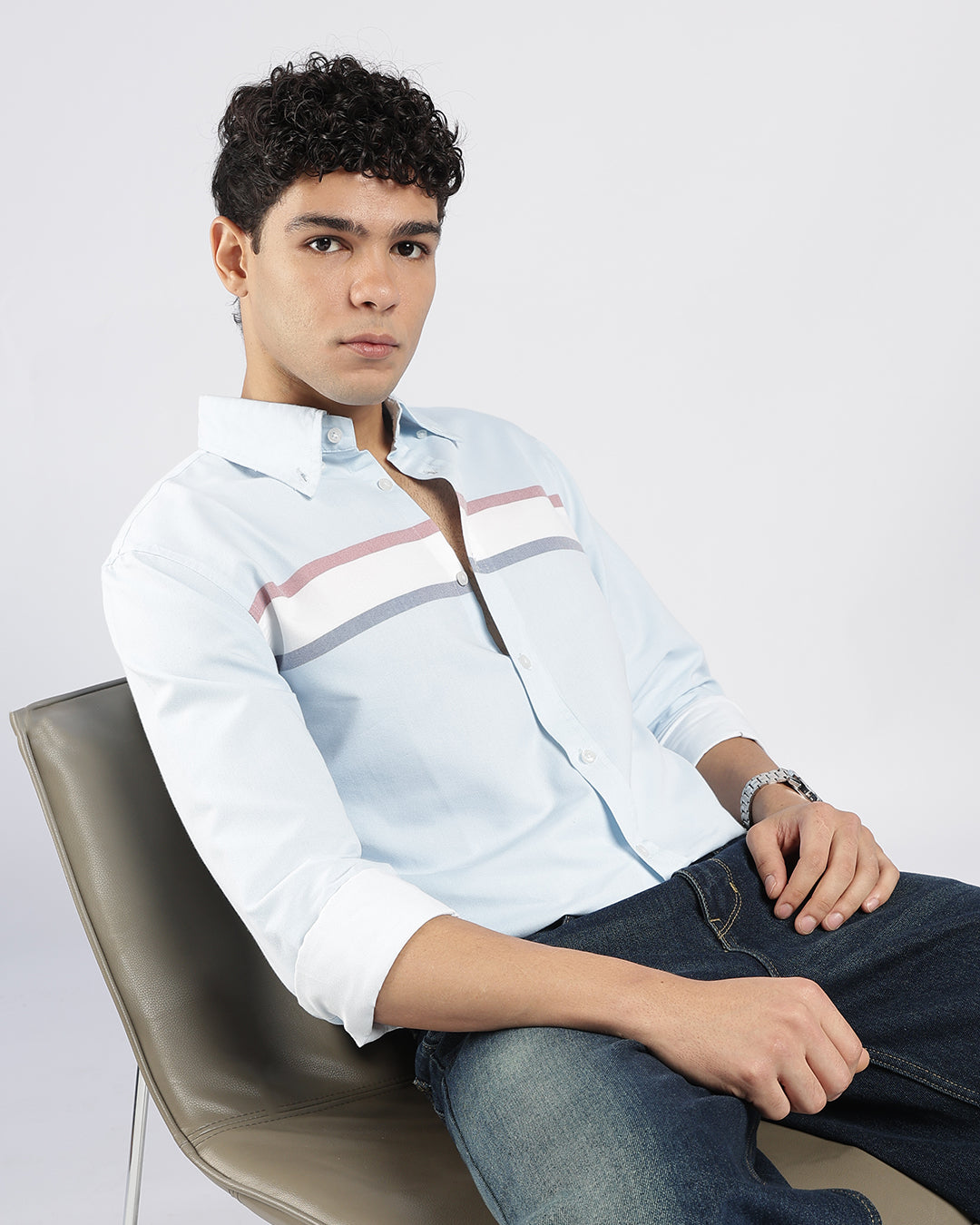 Sky Blue horizontal Stripe Button Down Shirt