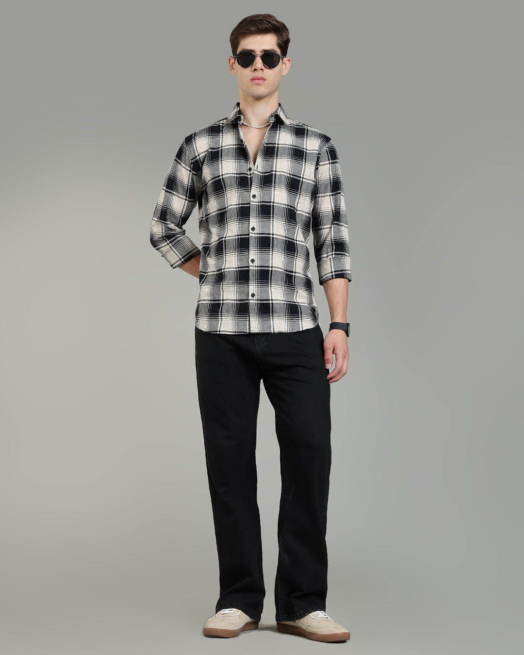 Black Cream Plaid Checked Shirt
