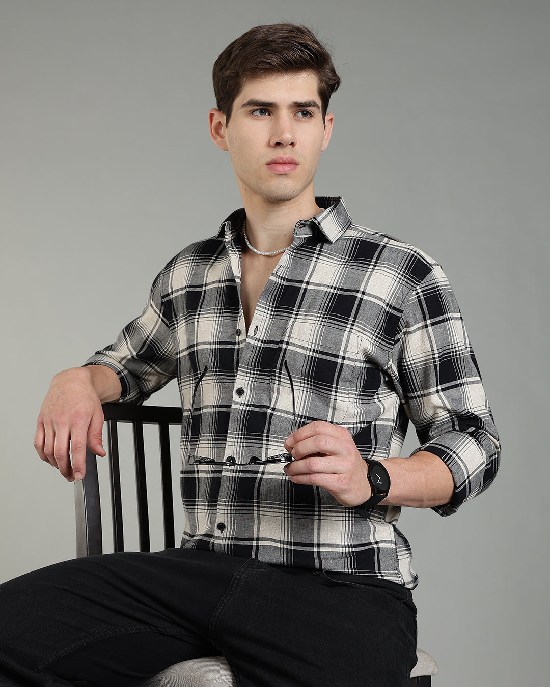 Black Cream Plaid Checked Shirt
