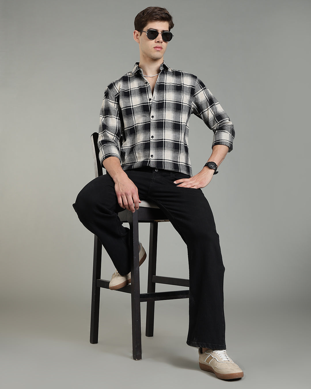 Black Cream Plaid Checked Shirt
