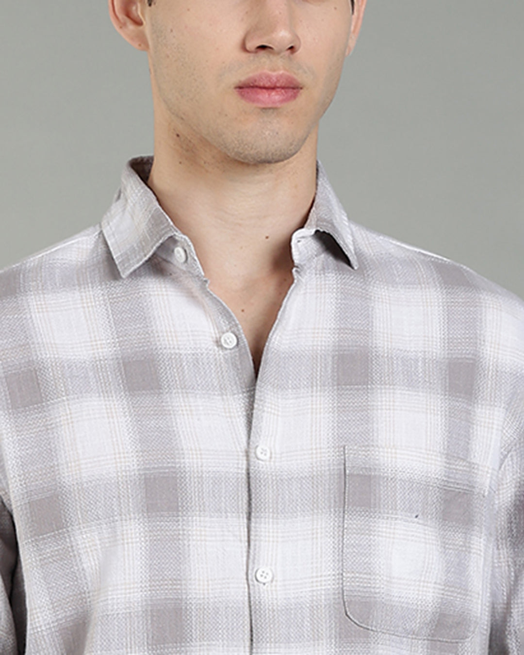 White Grey Plaid Checked Cotton Shirt