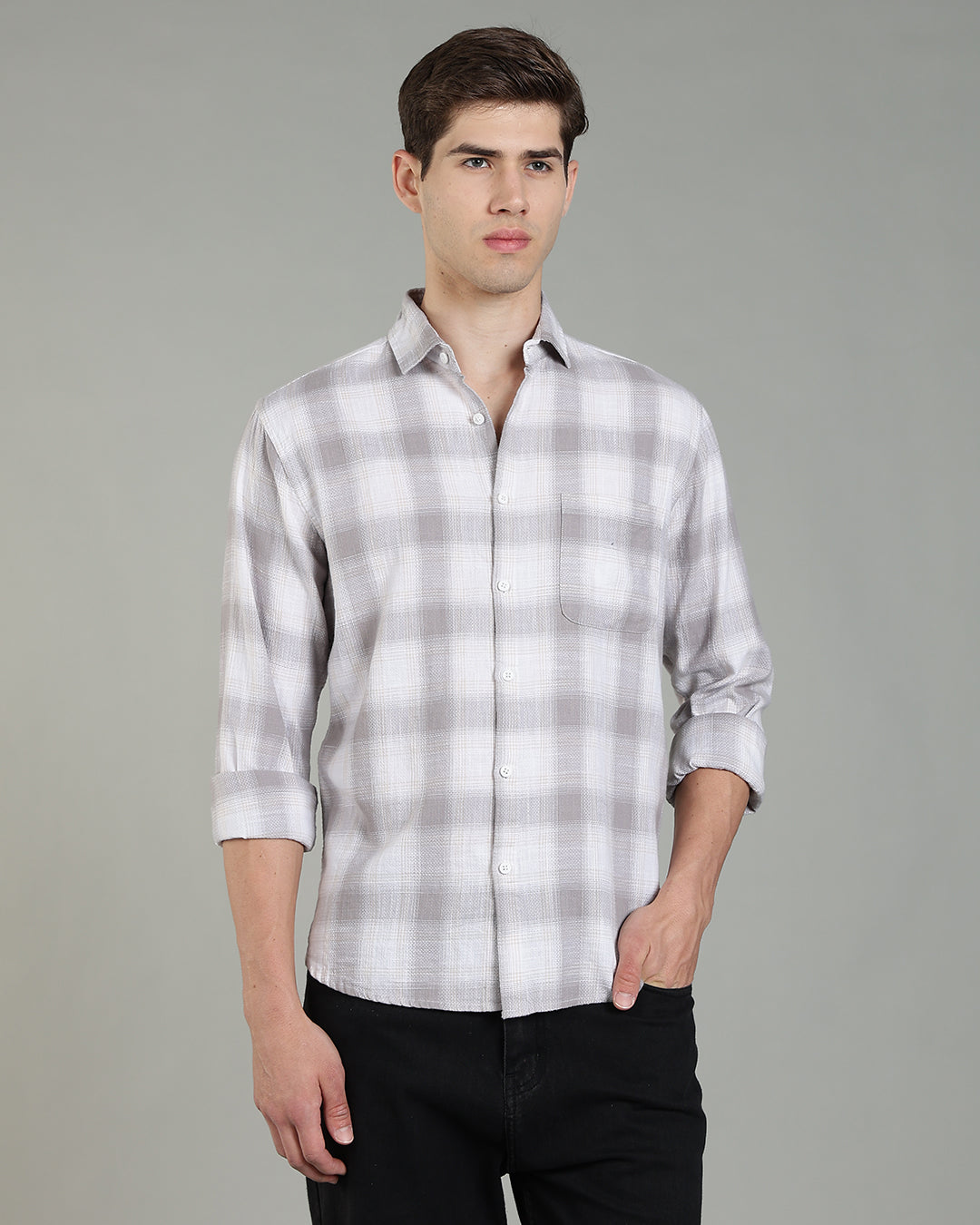 White Grey Plaid Checked Cotton Shirt