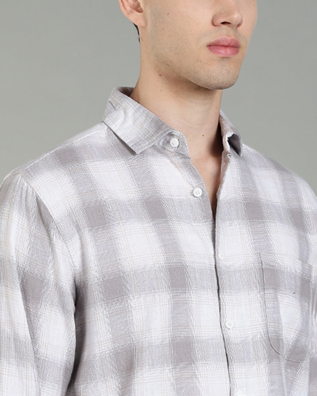 White Grey Plaid Checked Cotton Shirt