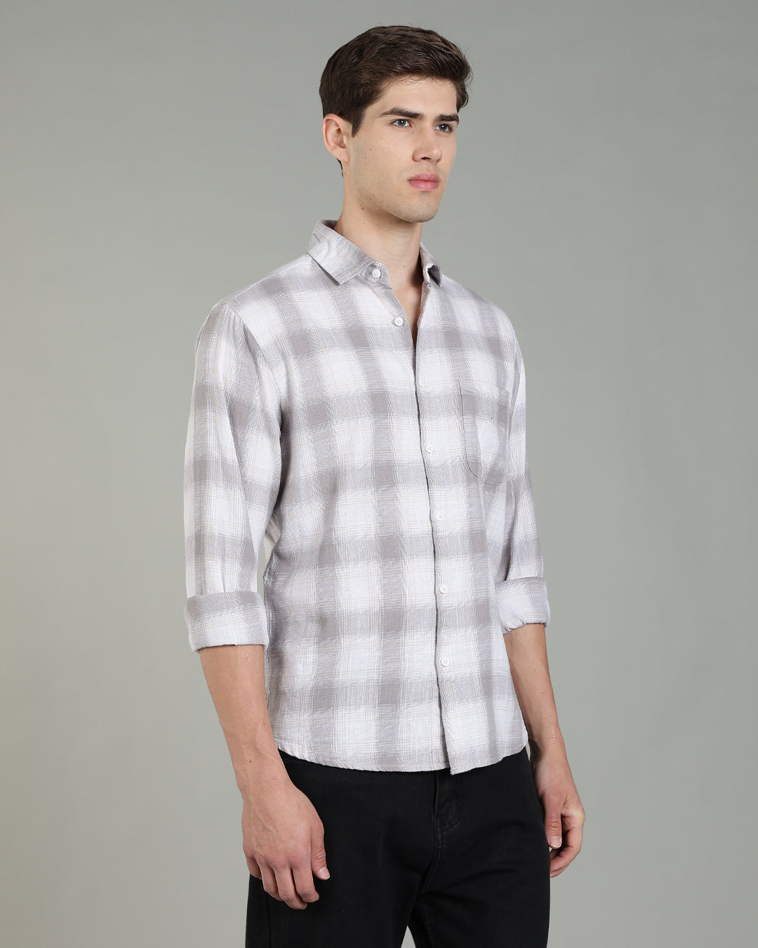 White Grey Plaid Checked Cotton Shirt