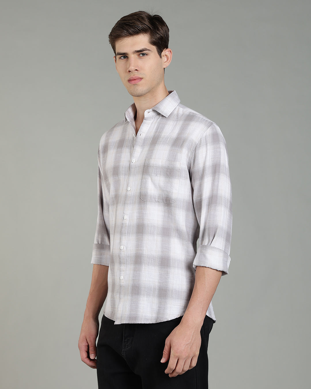 White Grey Plaid Checked Cotton Shirt