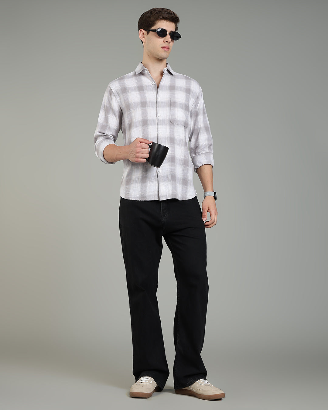 White Grey Plaid Checked Cotton Shirt
