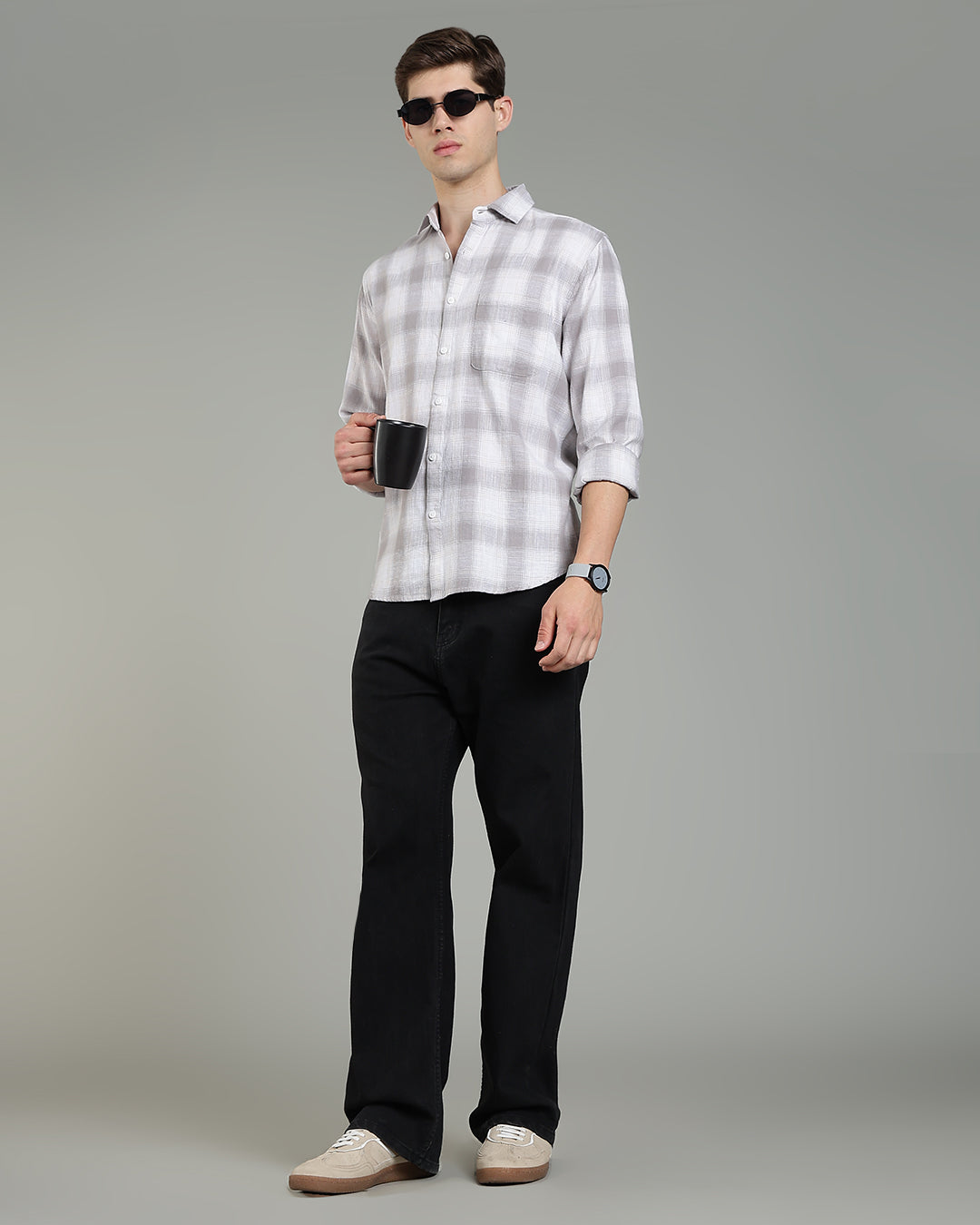 White Grey Plaid Checked Cotton Shirt