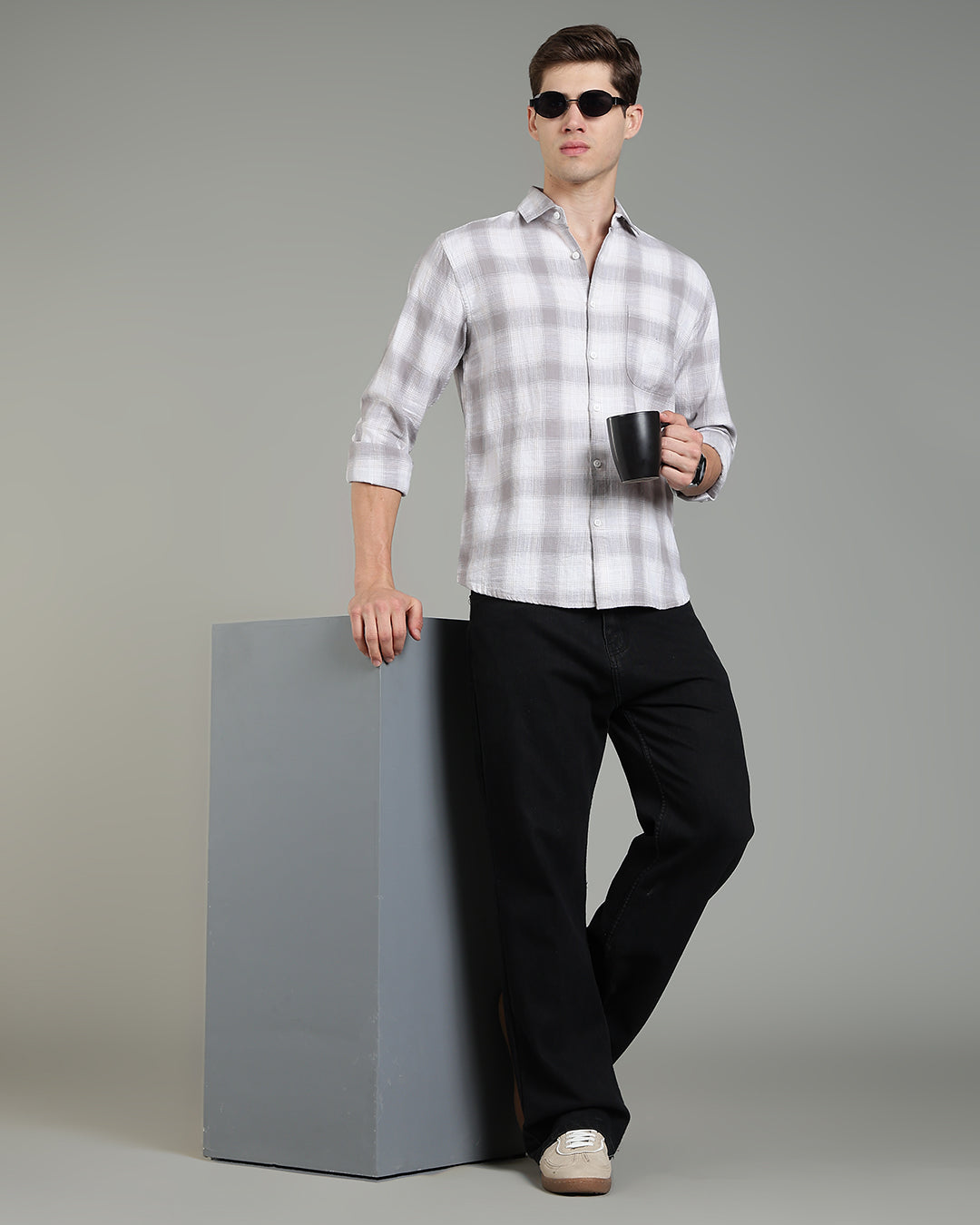 White Grey Plaid Checked Cotton Shirt