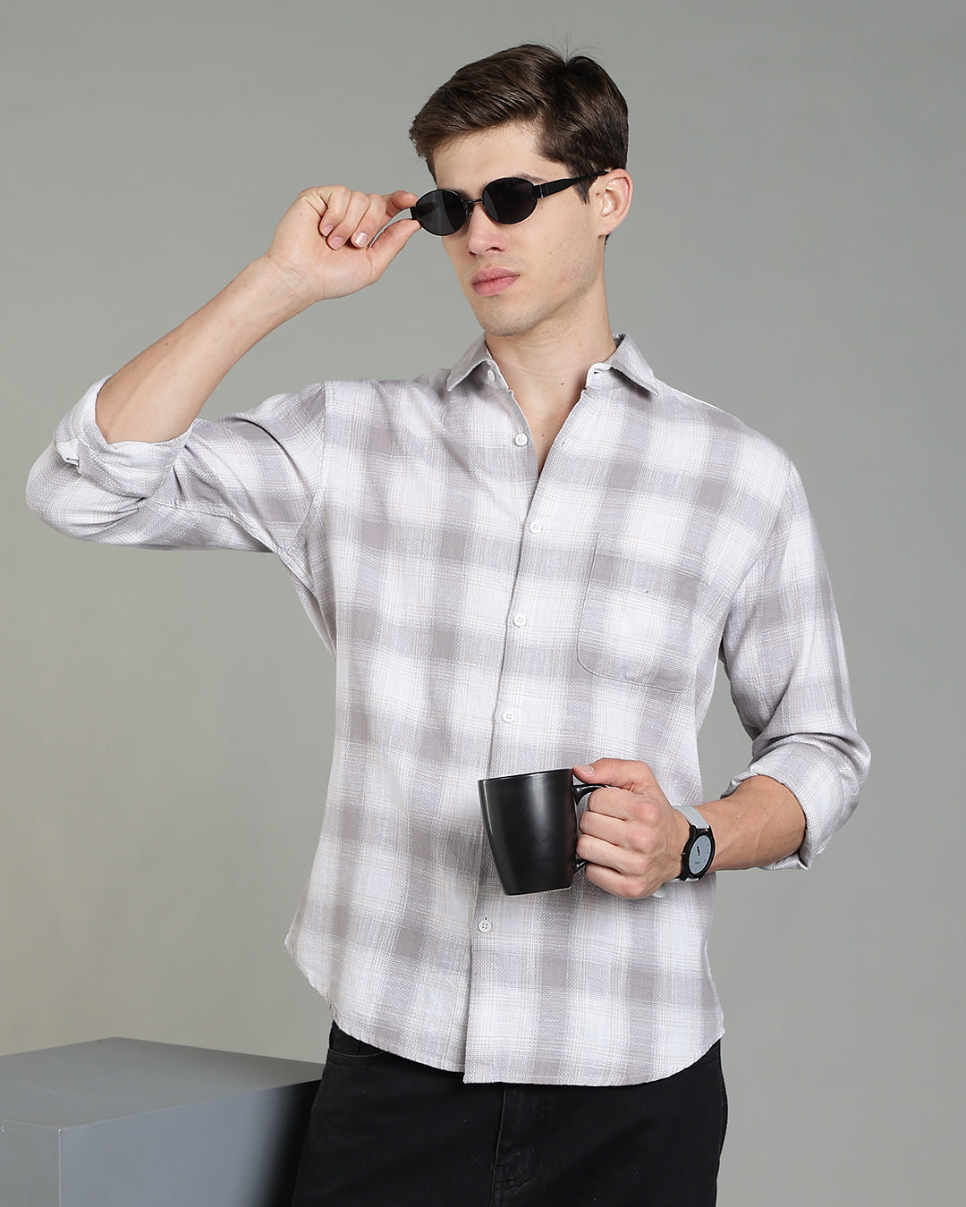 White Grey Plaid Checked Cotton Shirt