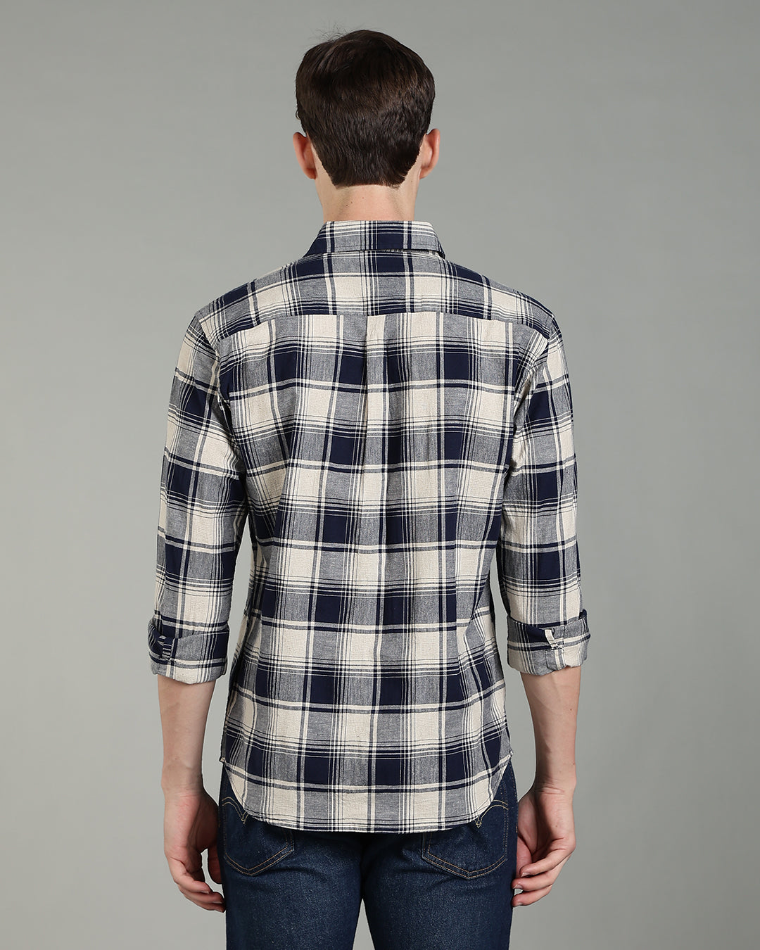 Dark Blue Cream Plaid Checked Shirt