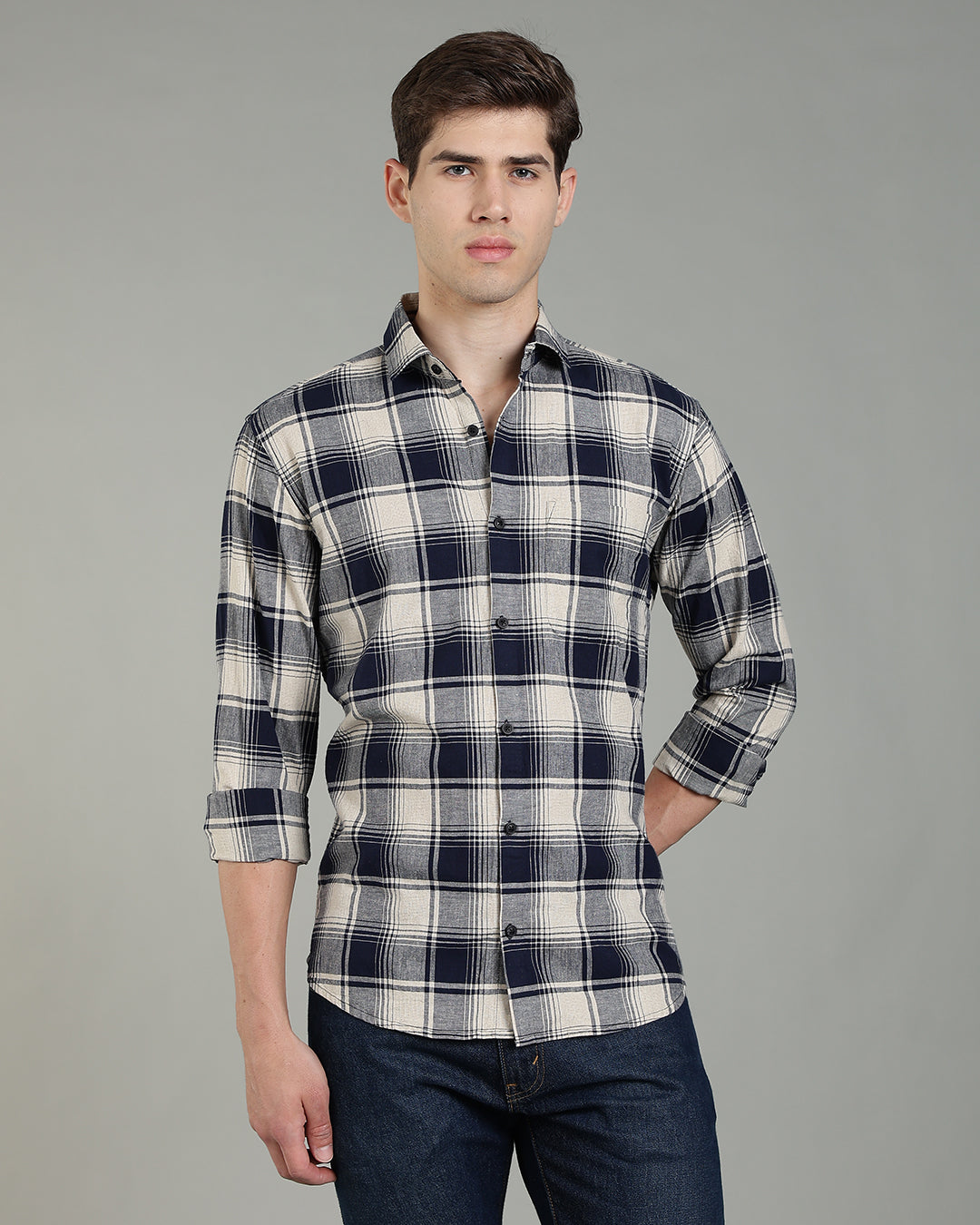 Dark Blue Cream Plaid Checked Shirt