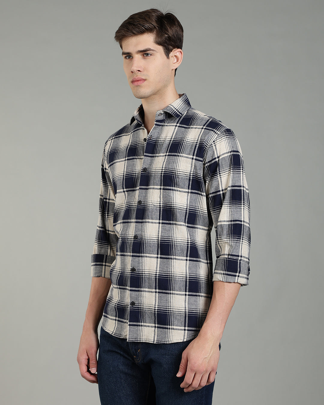 Dark Blue Cream Plaid Checked Shirt