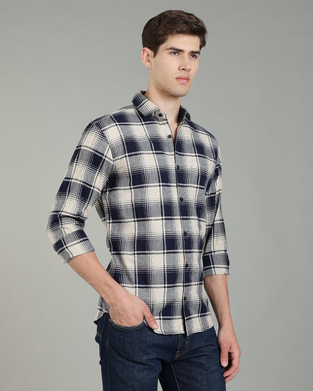 Dark Blue Cream Plaid Checked Shirt