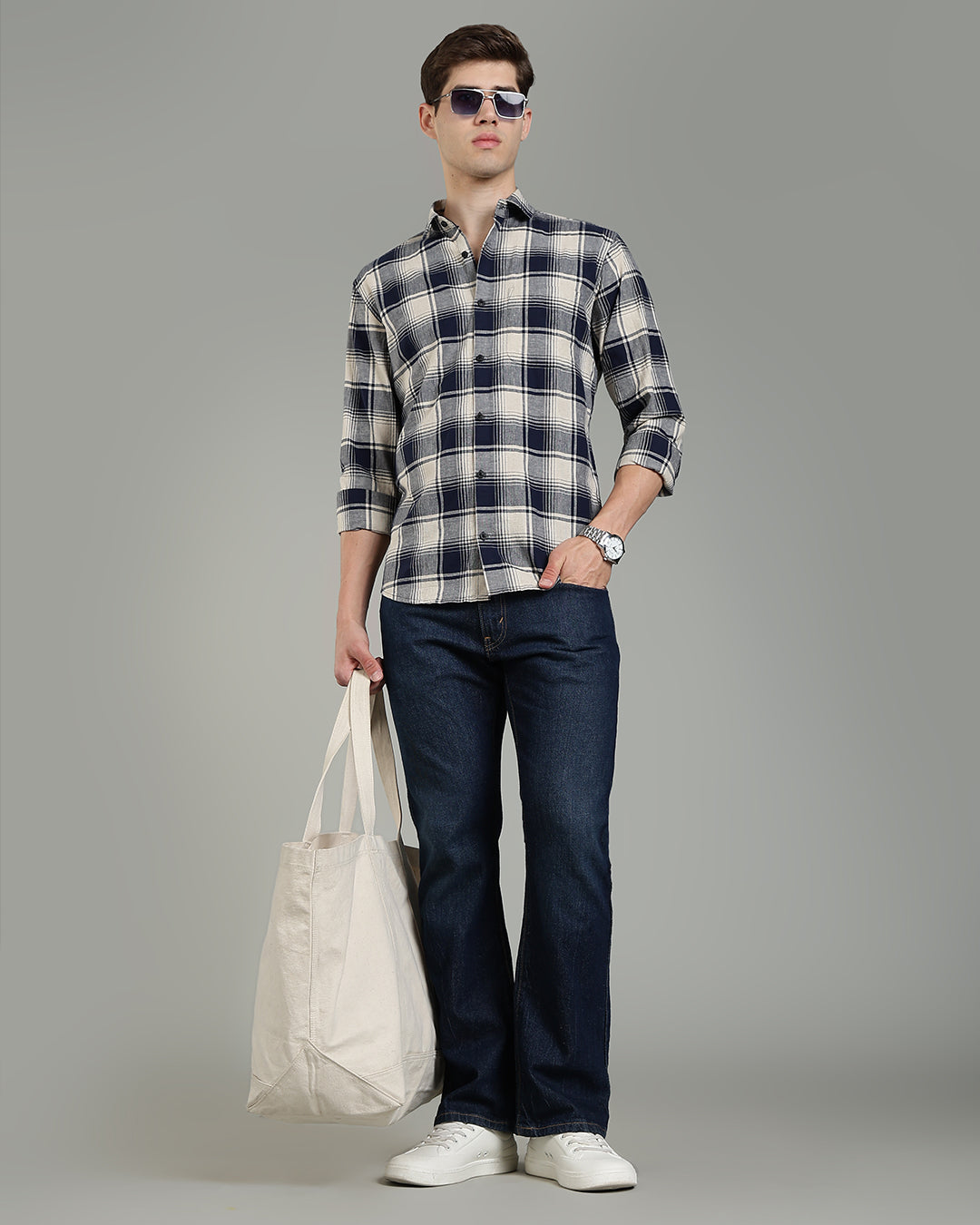 Dark Blue Cream Plaid Checked Shirt
