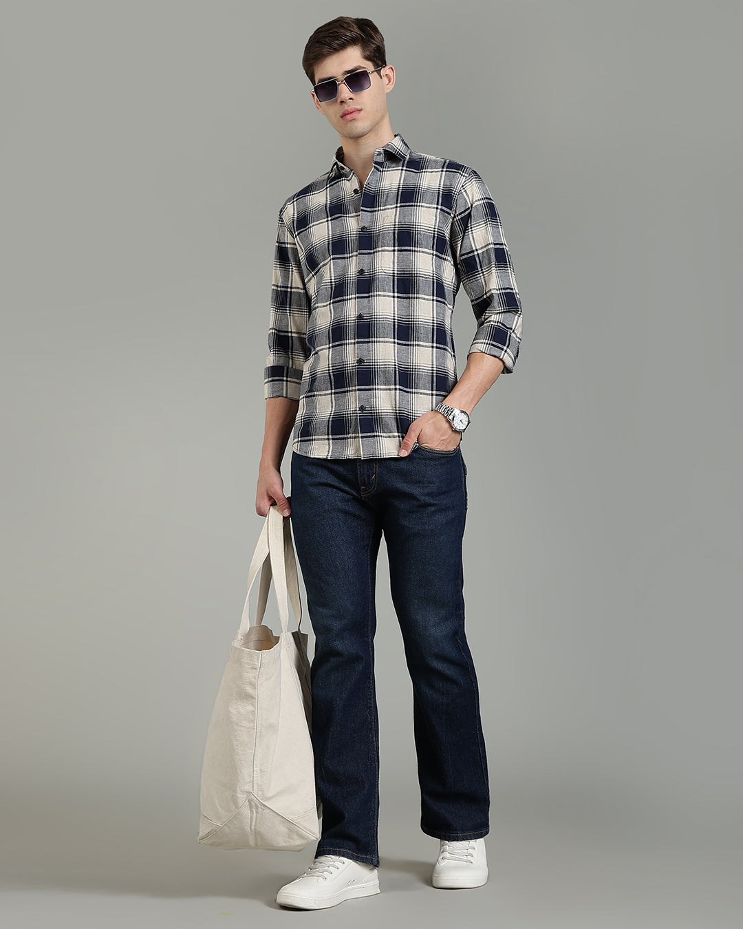 Dark Blue Cream Plaid Checked Shirt
