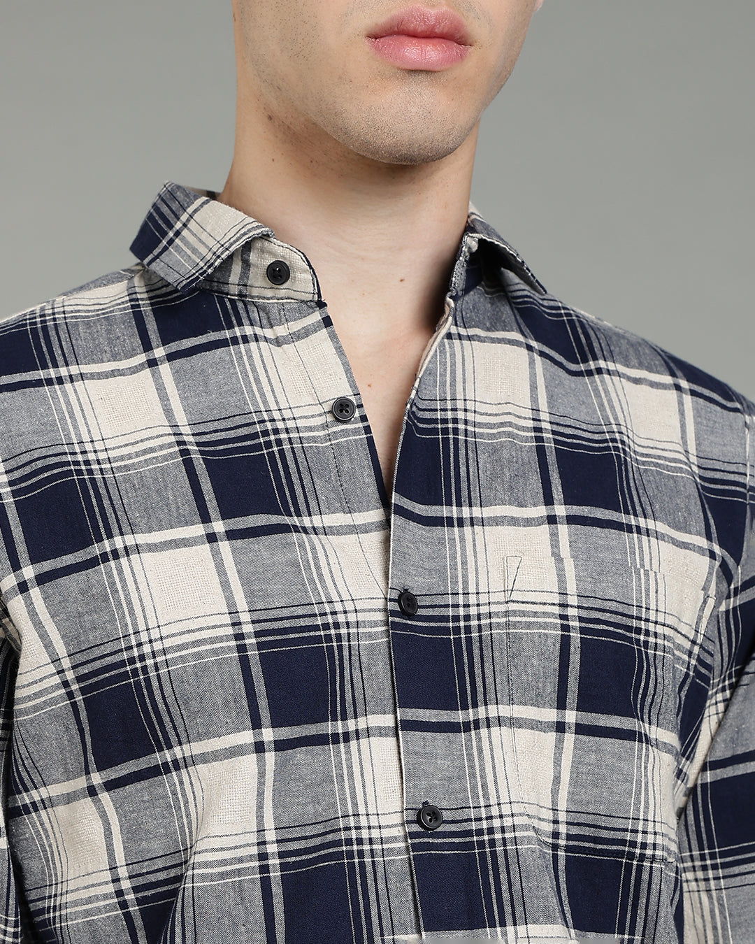 Dark Blue Cream Plaid Checked Shirt