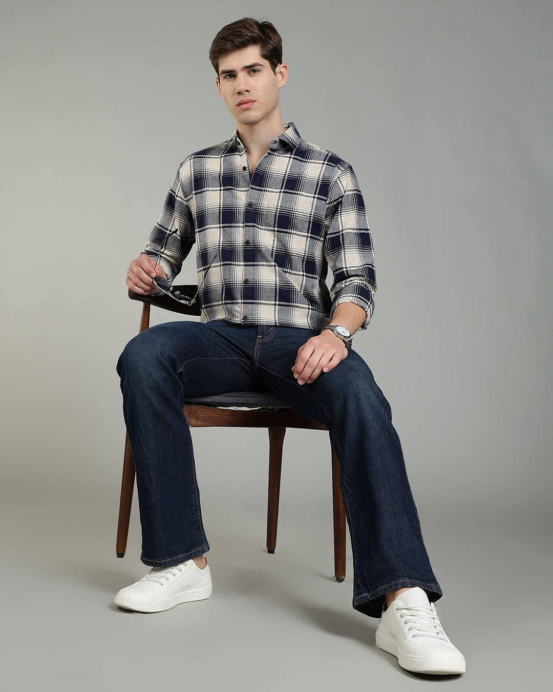 Dark Blue Cream Plaid Checked Shirt