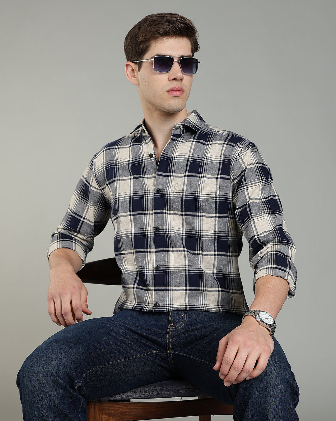 Dark Blue Cream Plaid Checked Shirt
