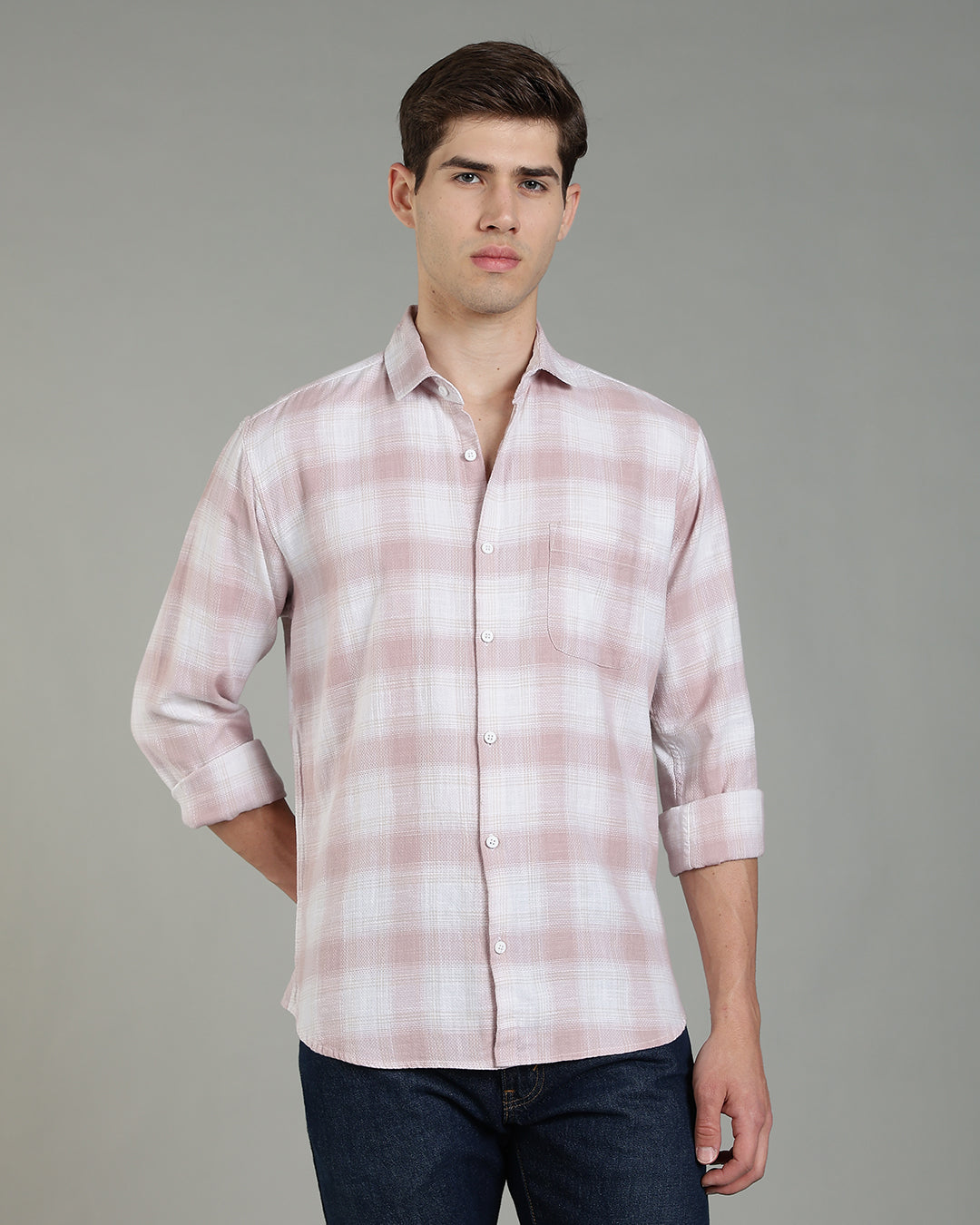White Pink Plaid Checked Cotton Shirt
