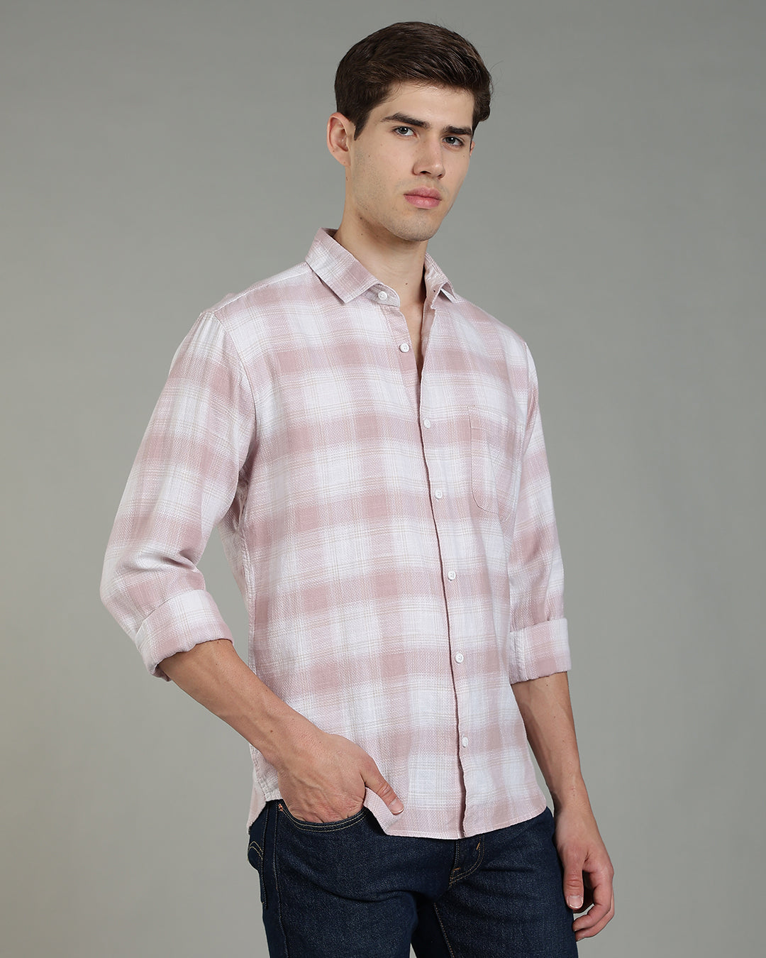 White Pink Plaid Checked Cotton Shirt