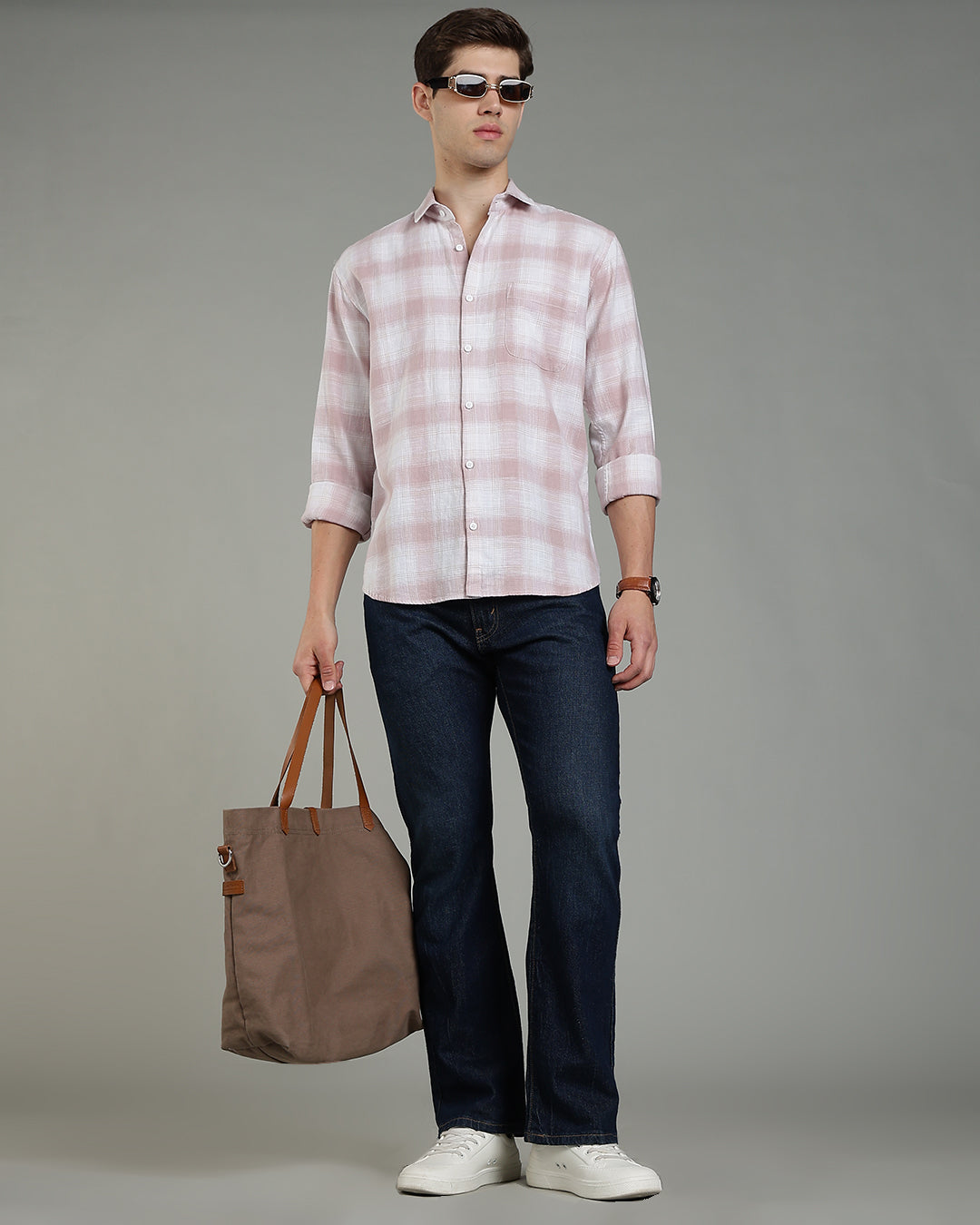 White Pink Plaid Checked Cotton Shirt