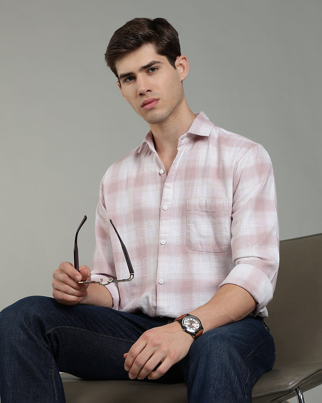 White Pink Plaid Checked Cotton Shirt