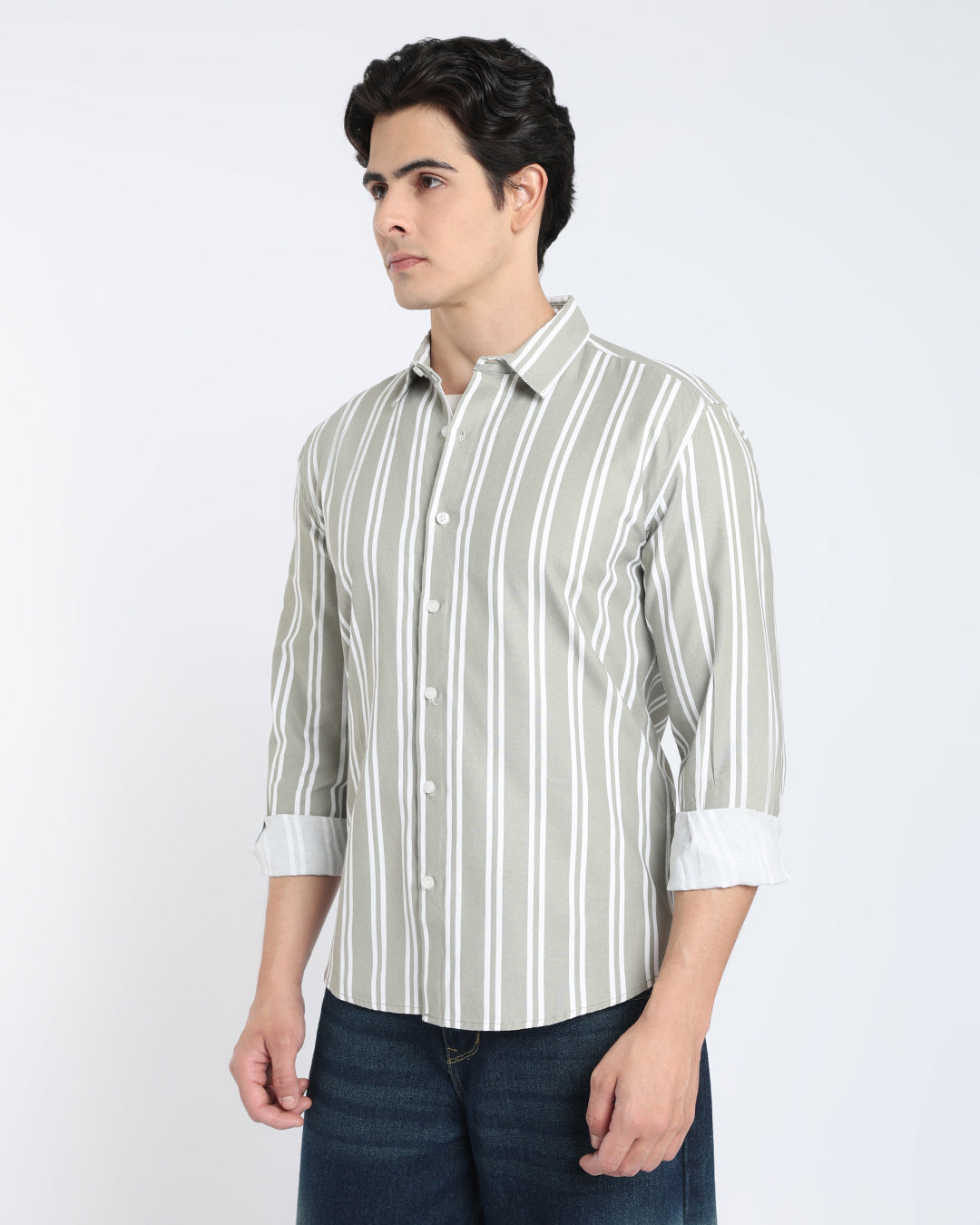 Olive Green Striped Casual Shirt