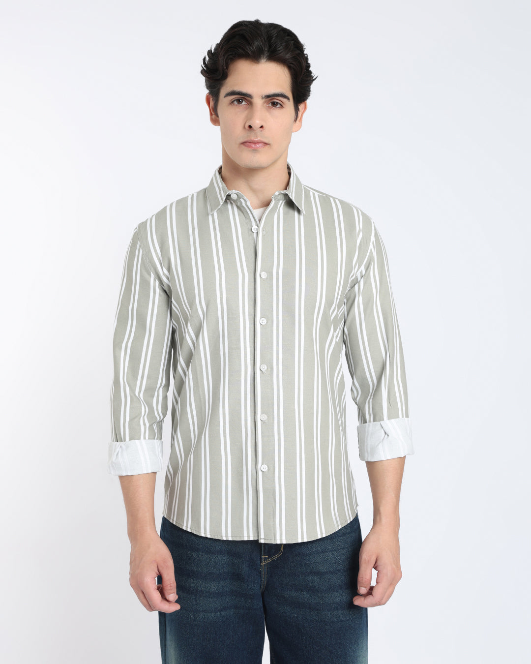 Olive Green Striped Casual Shirt