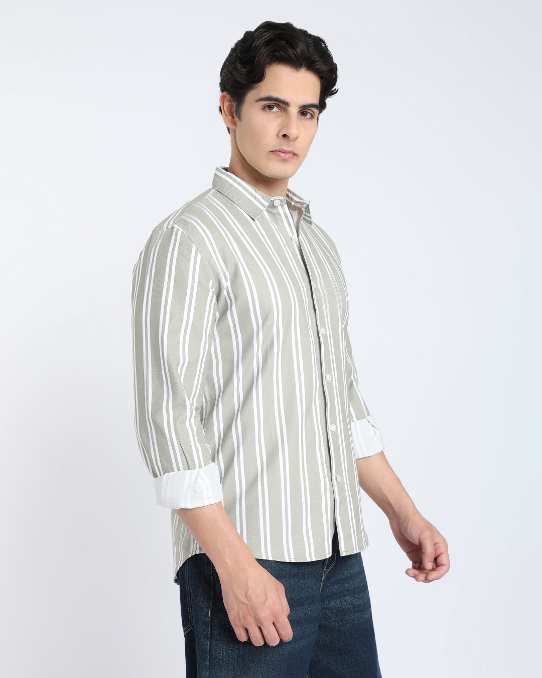 Olive Green Striped Casual Shirt