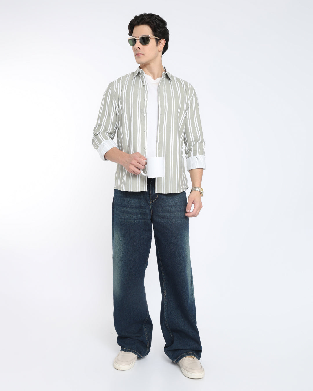 Olive Green Striped Casual Shirt