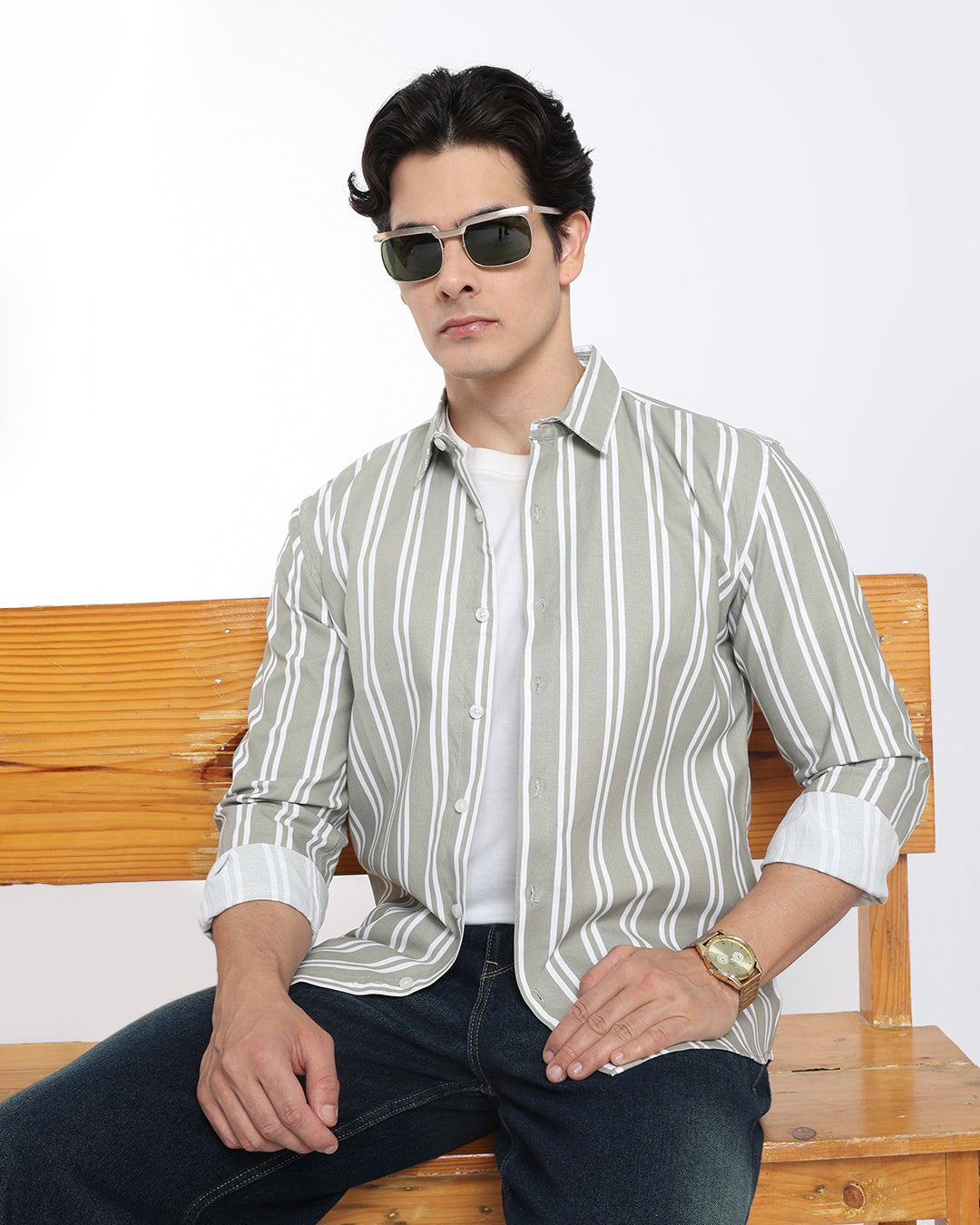 Olive Green Striped Casual Shirt