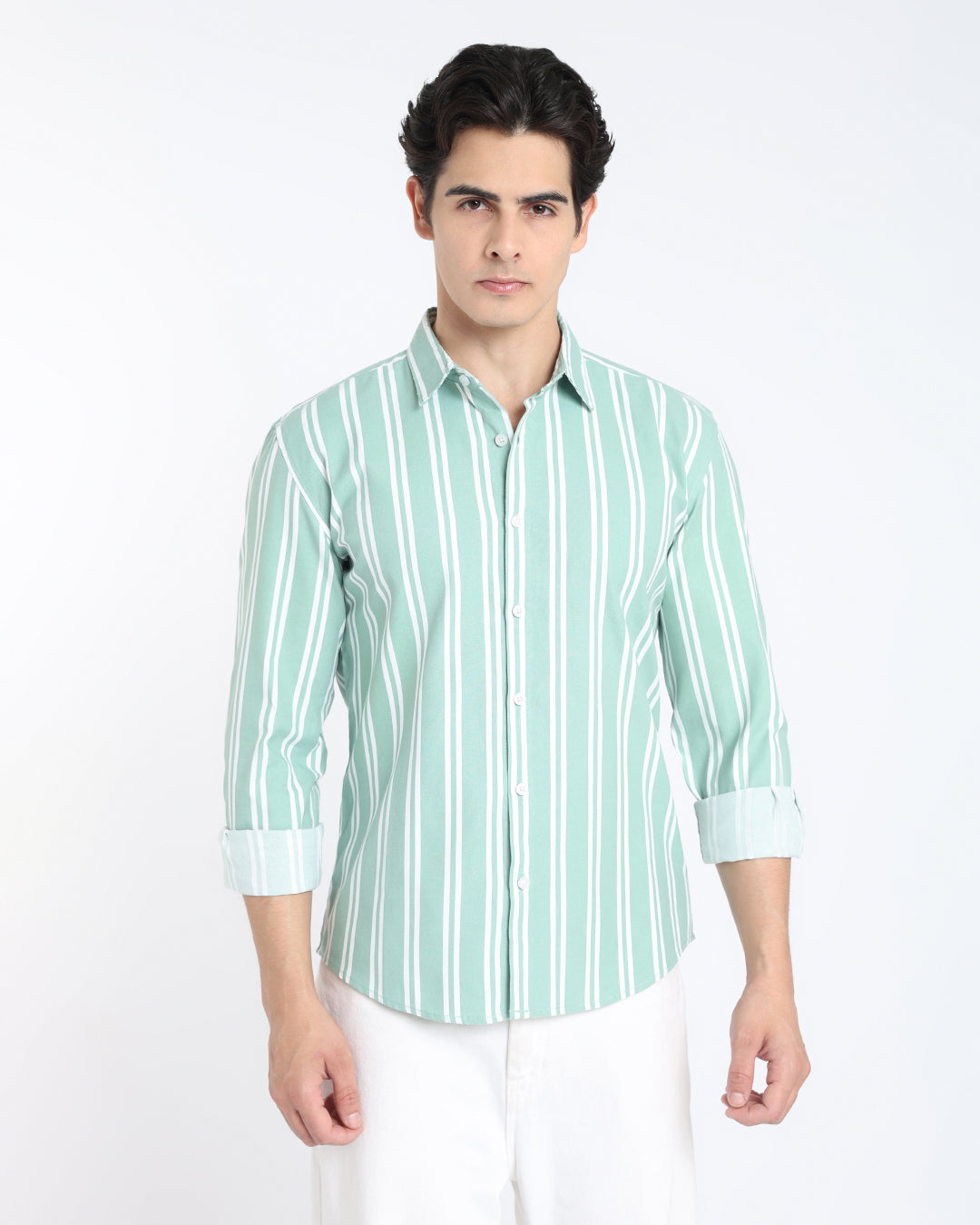 Sage Green Striped Casual Shirt