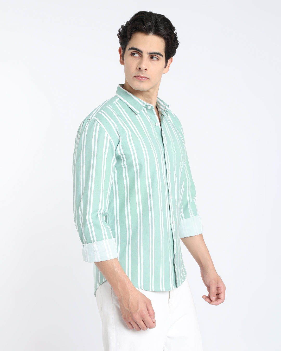 Sage Green Striped Casual Shirt