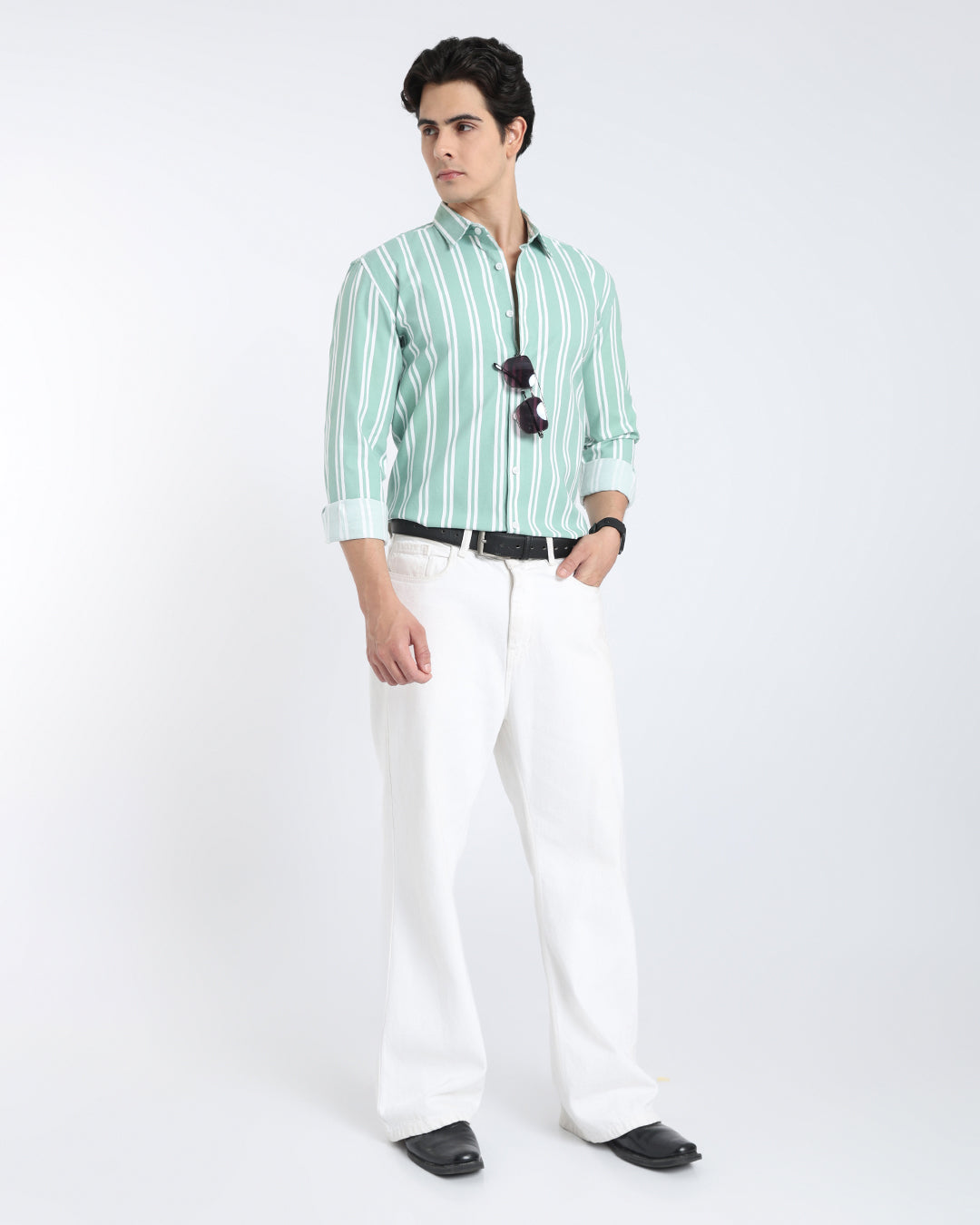 Sage Green Striped Casual Shirt