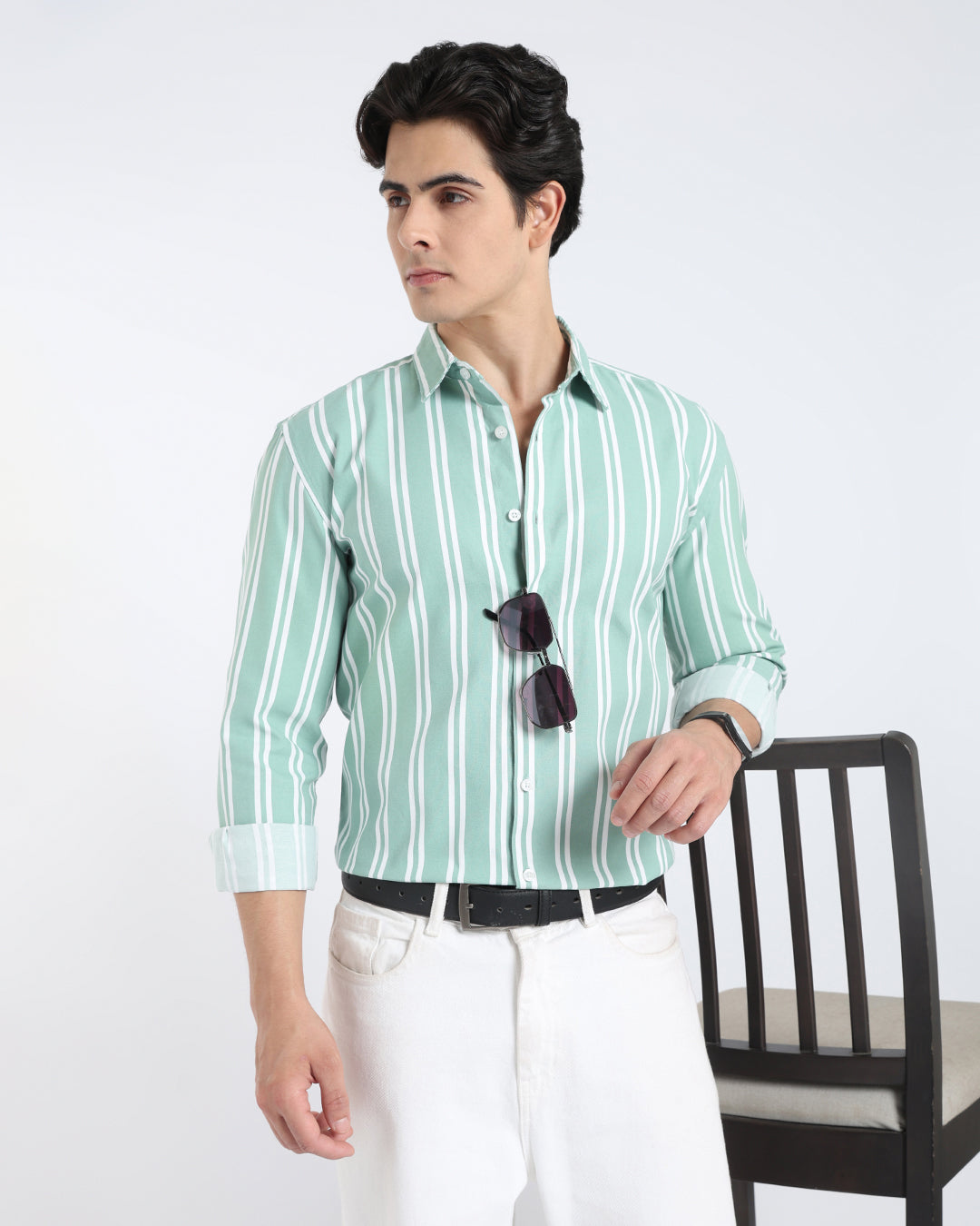 Sage Green Striped Casual Shirt