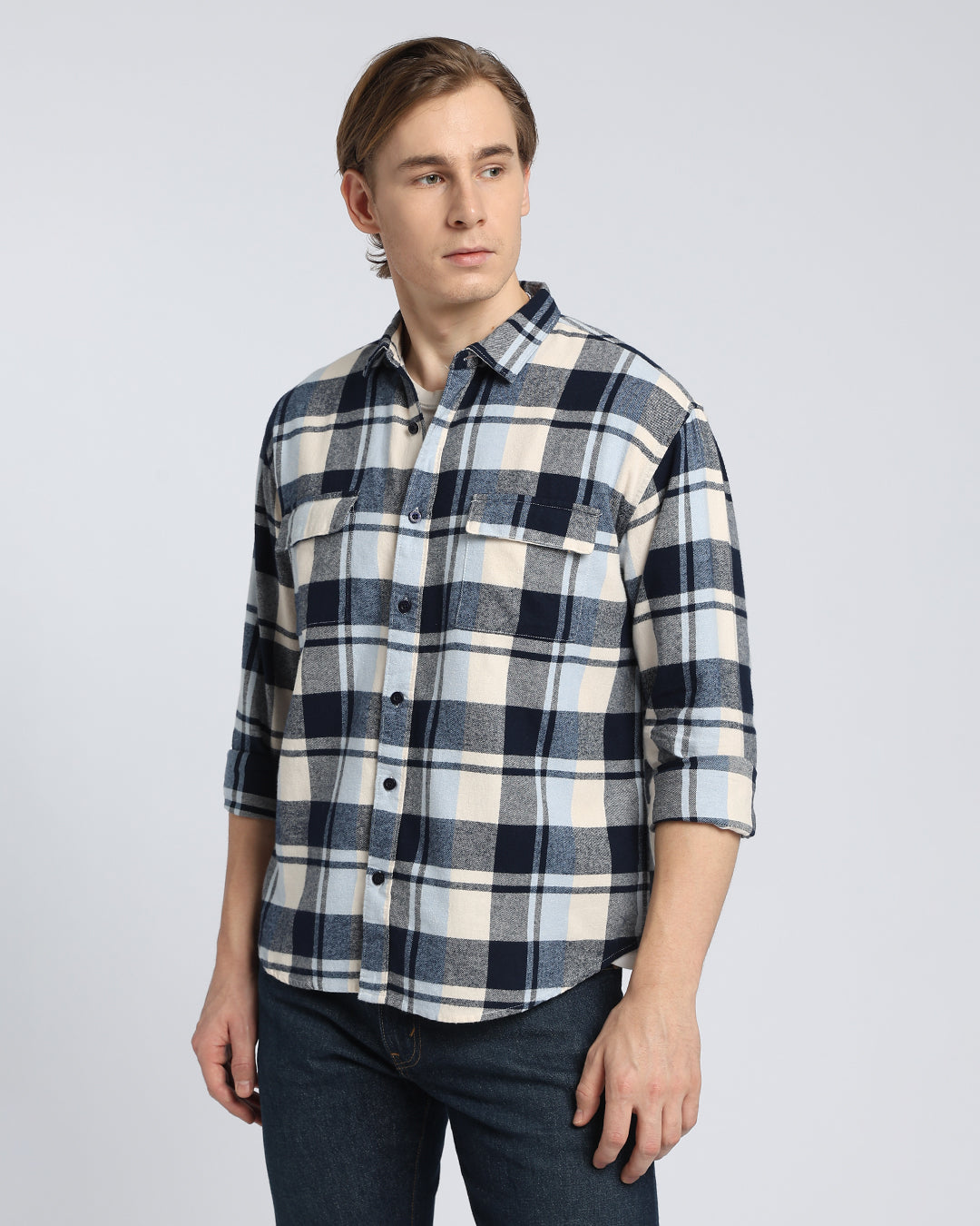 Navy Blue Flannel Checks Shirt