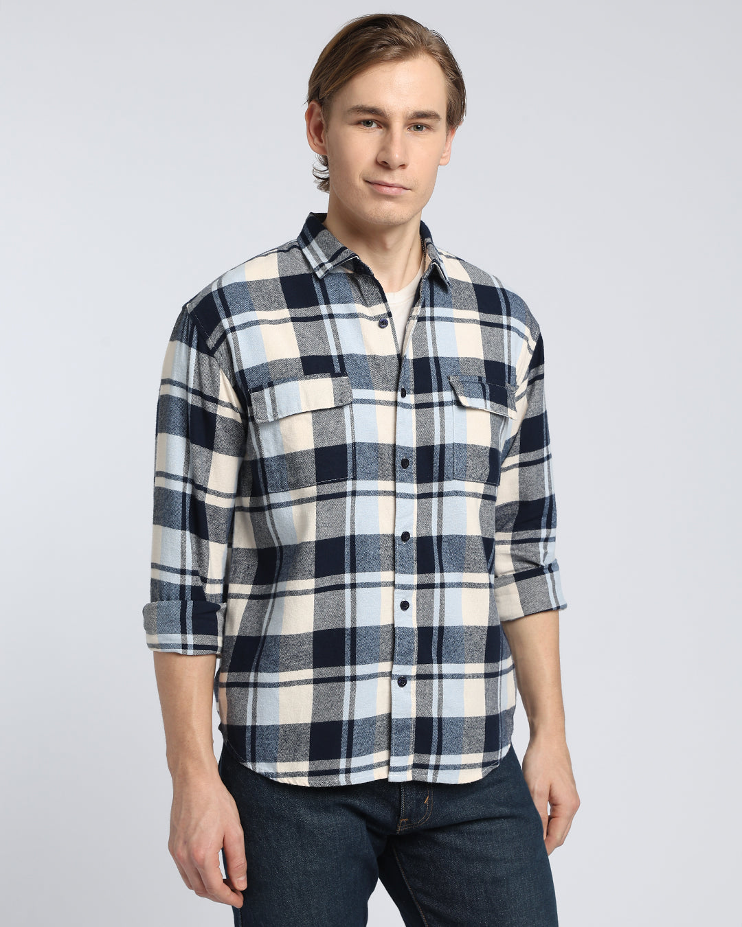Navy Blue Flannel Checks Shirt