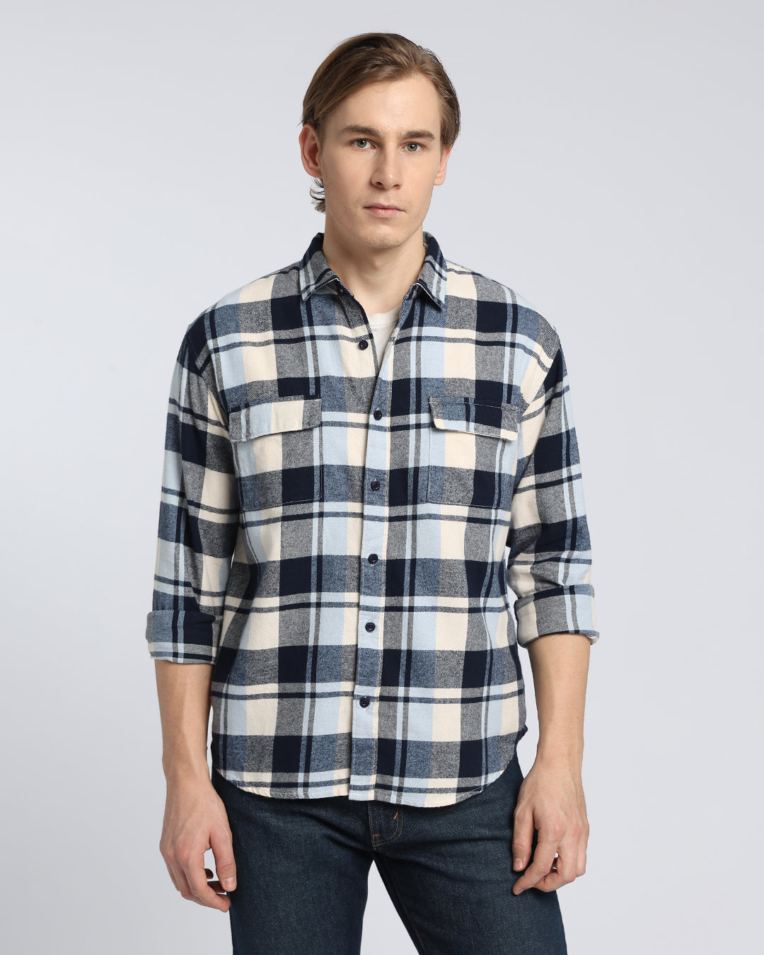 Navy Blue Flannel Checks Shirt