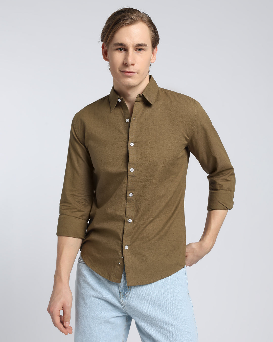 Olive Brown Plain Casual Shirt