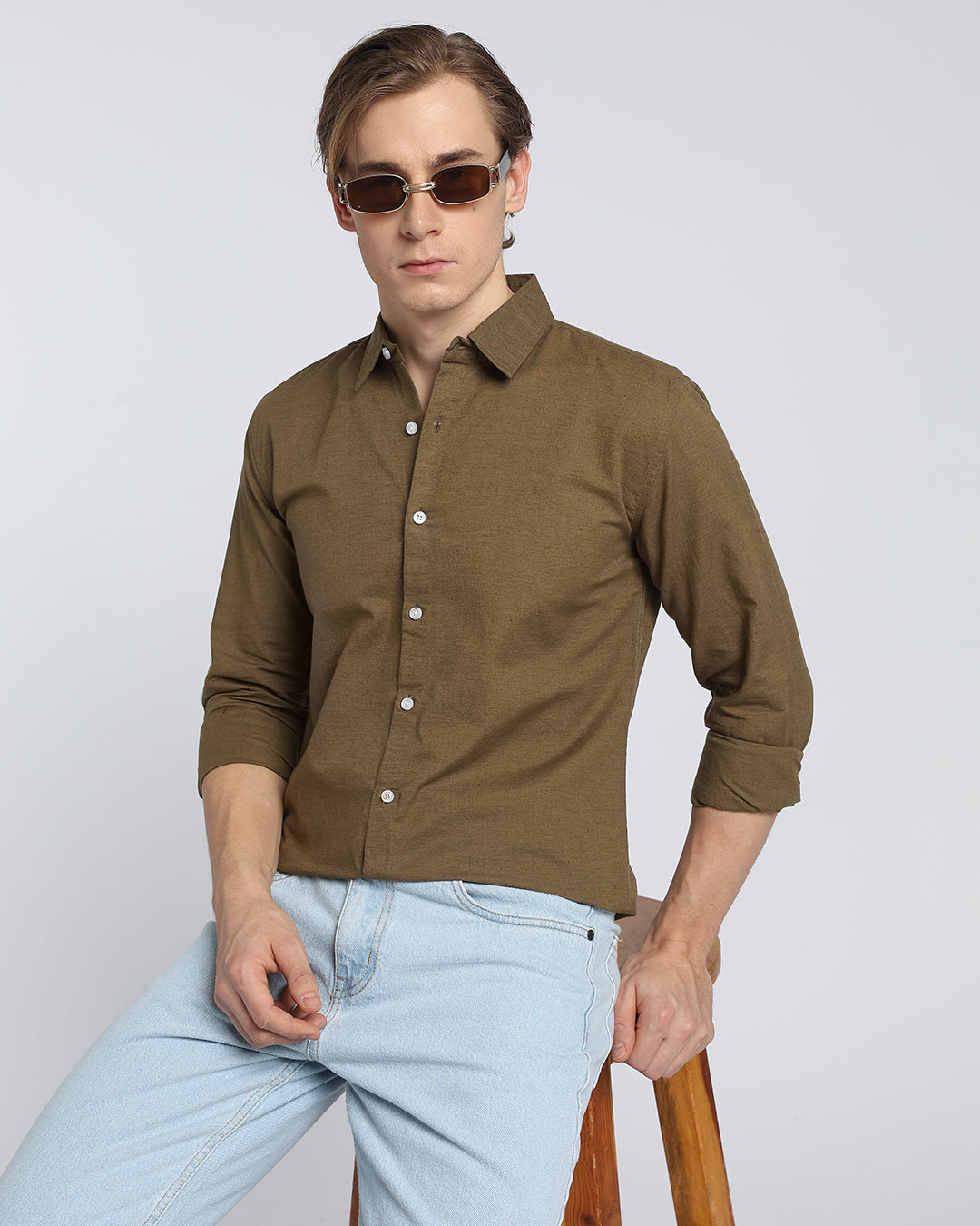 Olive Brown Plain Casual Shirt
