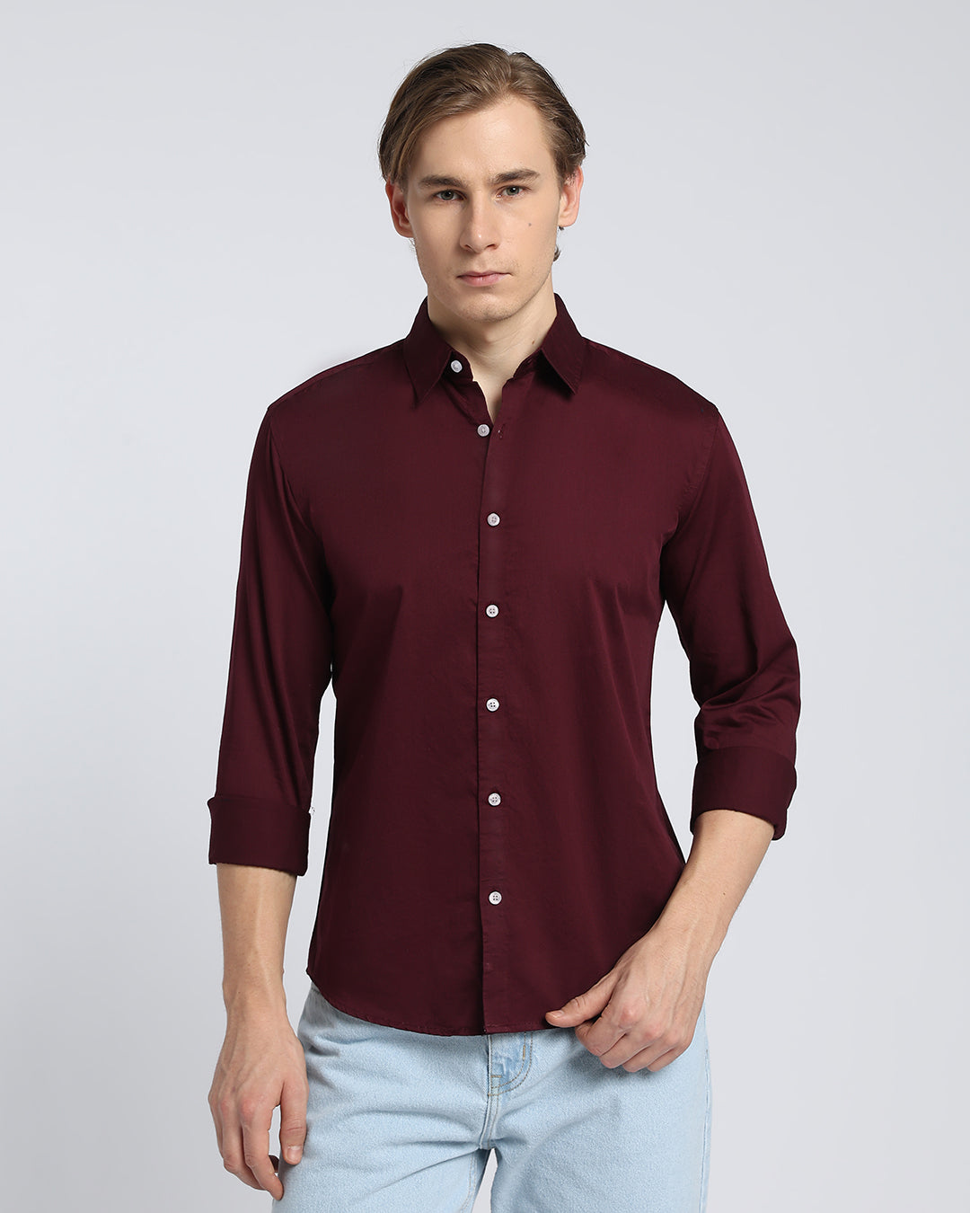 Maroon Cotton Satin Plain Shirt