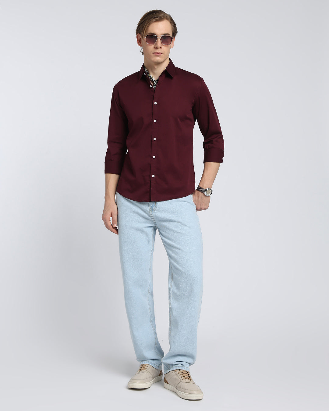 Maroon Cotton Satin Plain Shirt