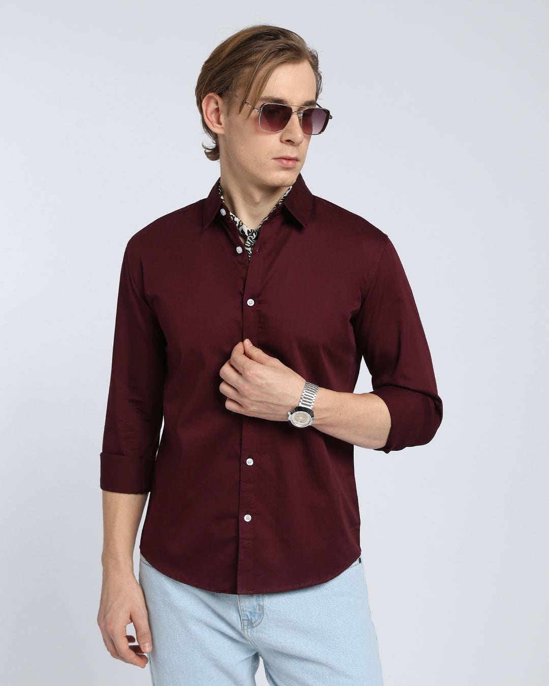 Maroon Cotton Satin Plain Shirt