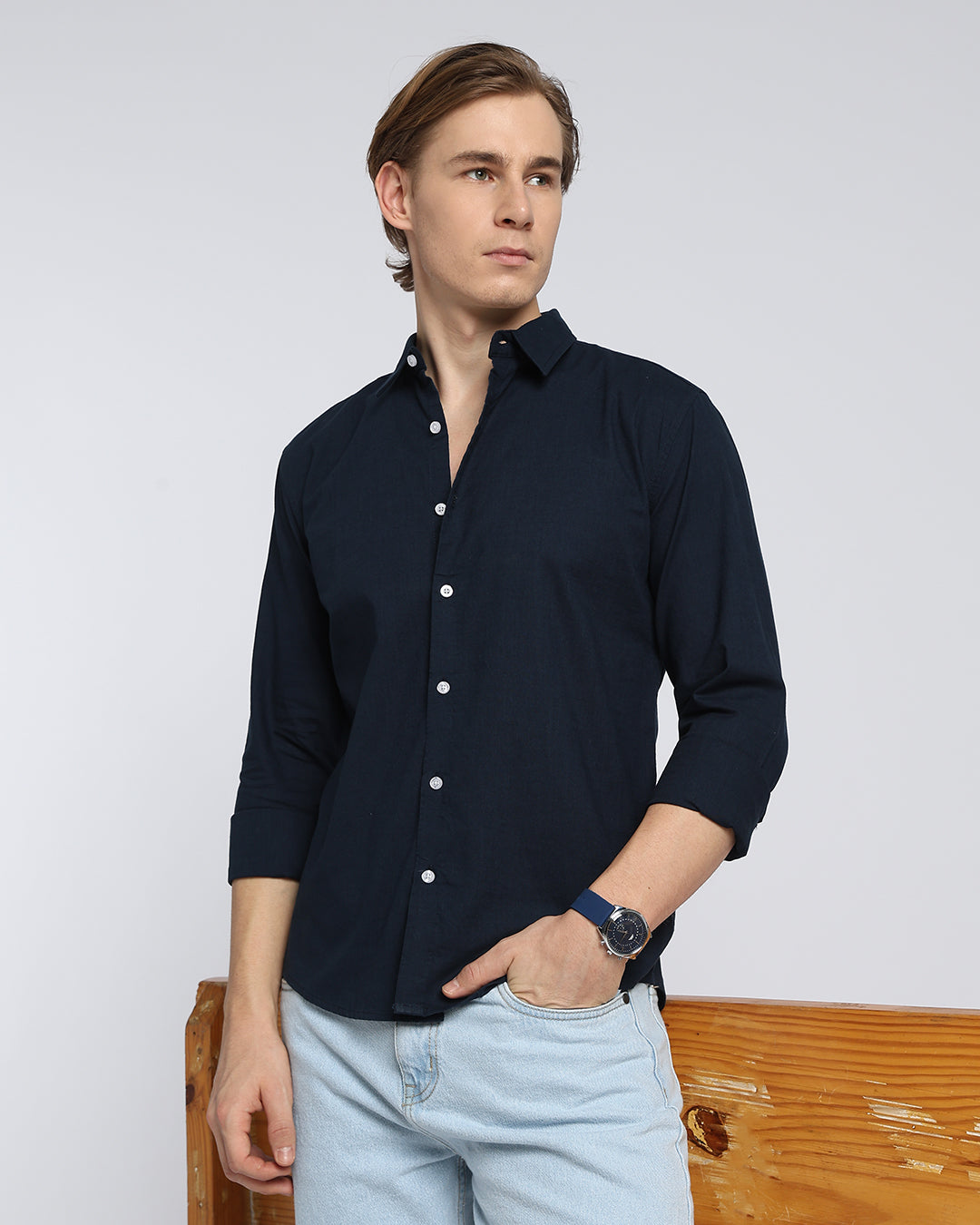 Navy Blue Plain Casual Shirt