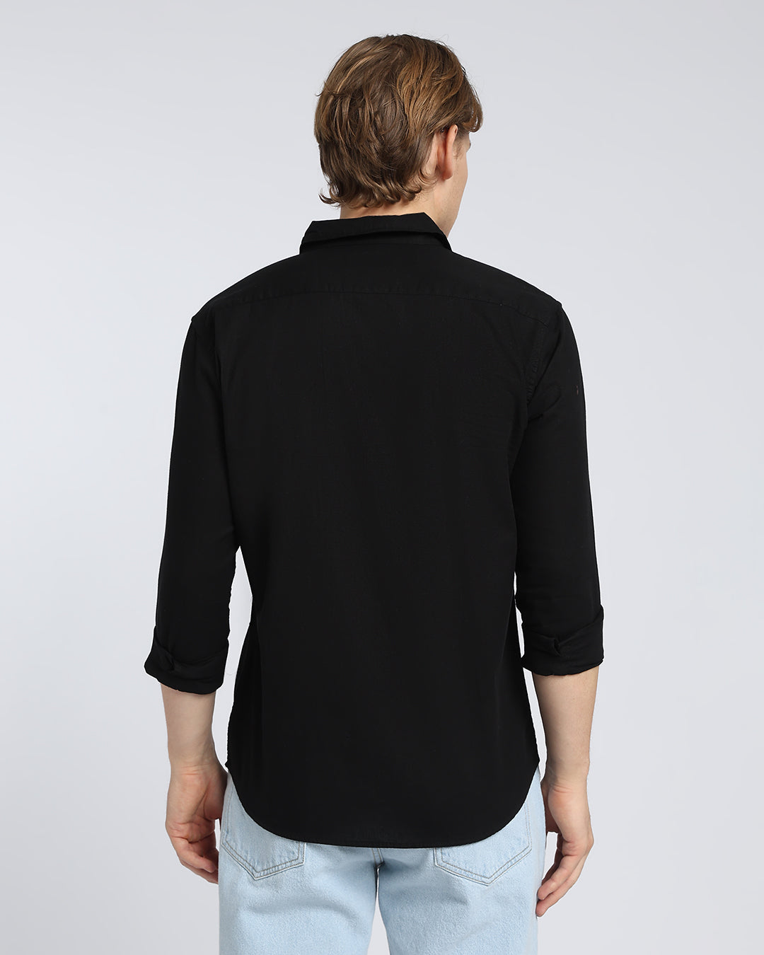 Black Plain Slub Cotton Shirt