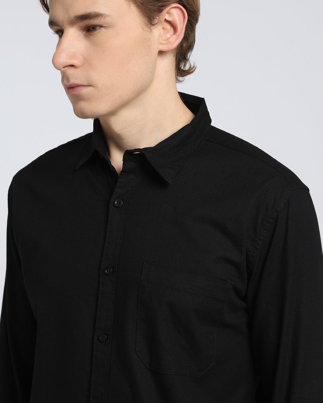 Black Plain Slub Cotton Shirt